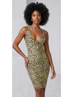 Deep V Neon Leopard Print Bodycon Dress Pink & Green Size L
